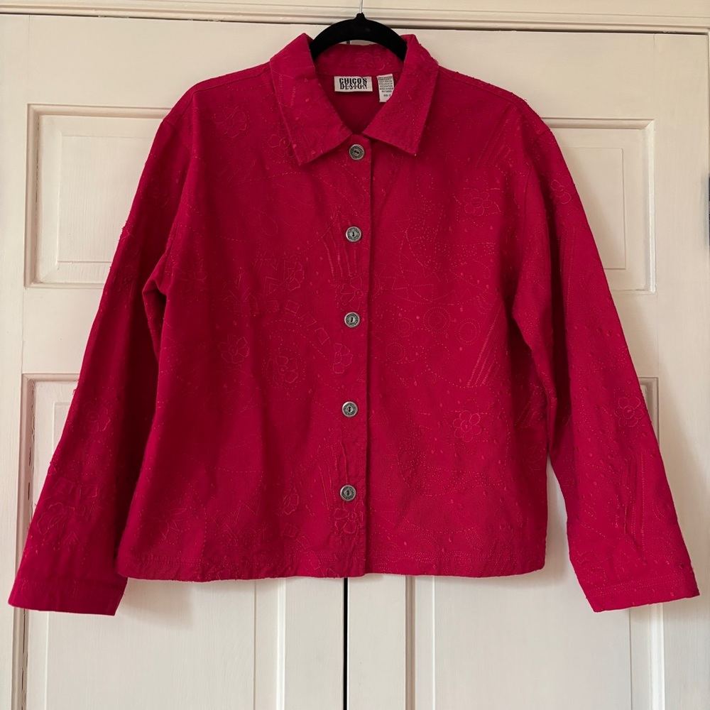 Chico's Size 2 Hot Pink Embroidered Jacket Floral 100% Cotton Boho Button Front